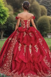 Off-Shoulder Gold Flower Appliques Red Tulle Quinceanera Dress Tiered Ball Gown for Sweet 16 & Birthday Parties